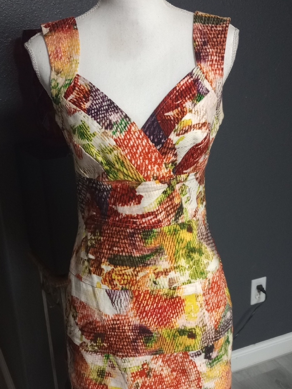 Guess Vibrant Abstract V-Neck Mini Dress in Orange, Green, Yellow